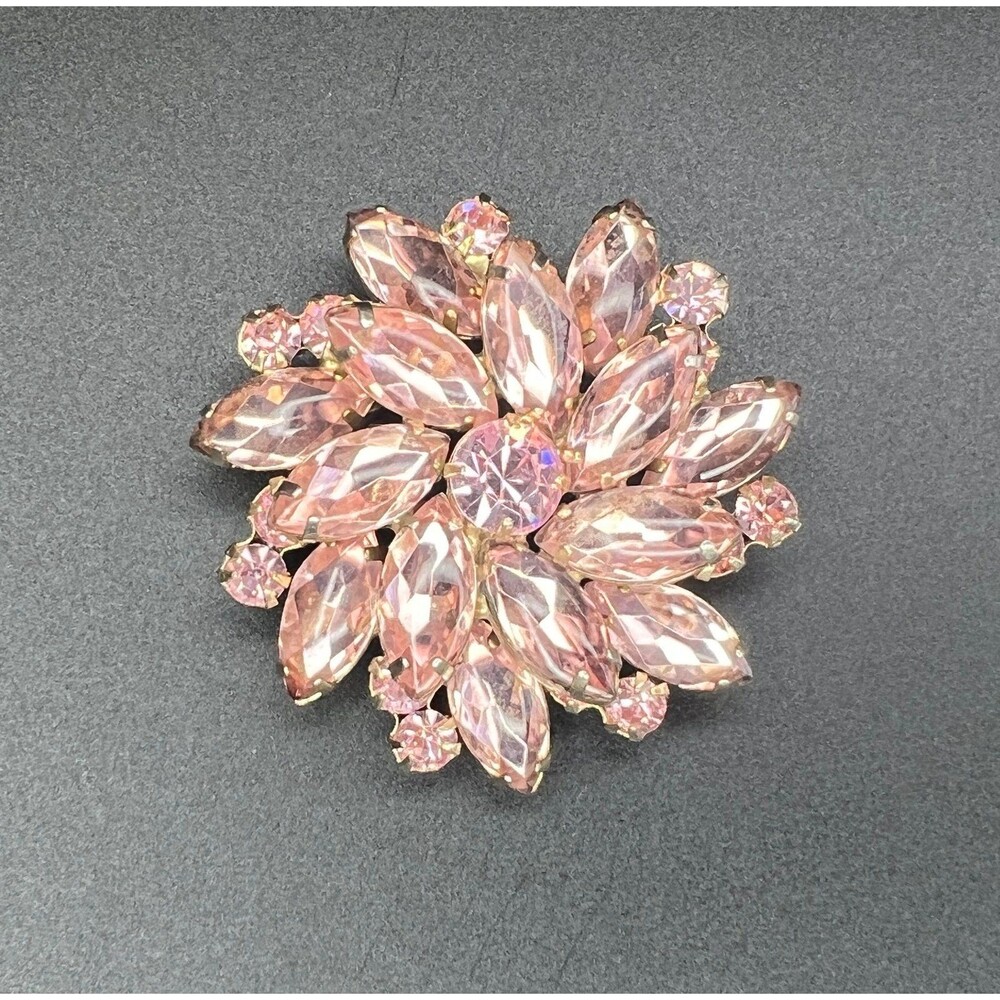 Ref No. 8575 Vintage D&E Juliana Pink Rhinestone Layered Floral Burst Brooch Pin